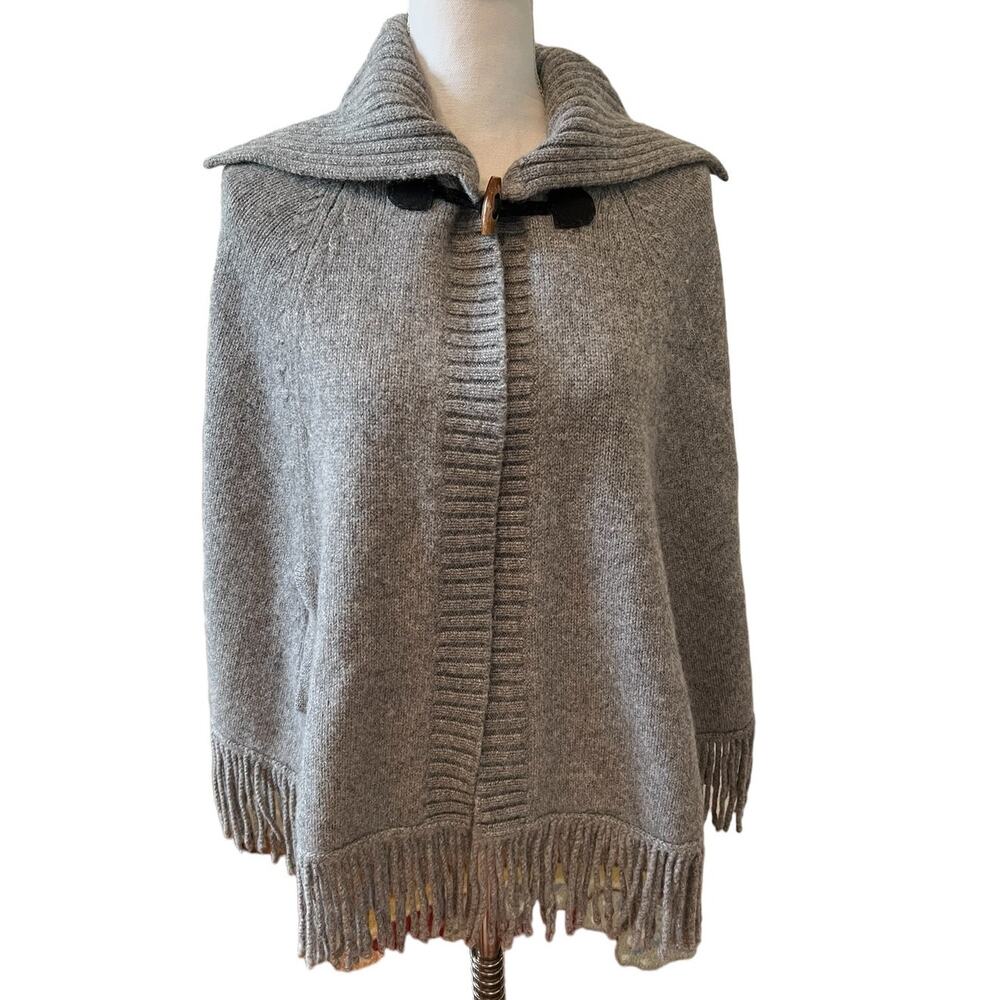 Sutton Studio Gray Wool Fringed Poncho Cape